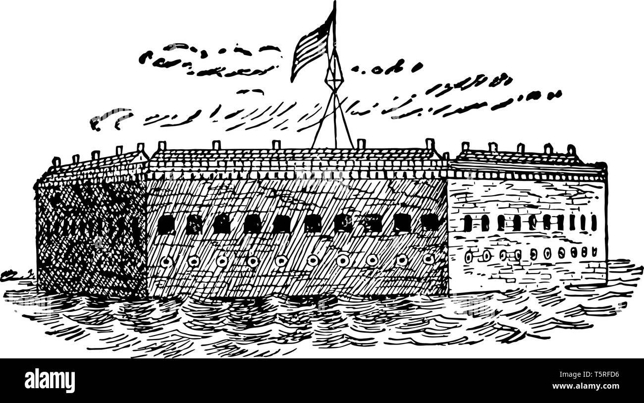 Fort Sumter formata dopo la guerra 1812 linea vintage disegno. Illustrazione Vettoriale