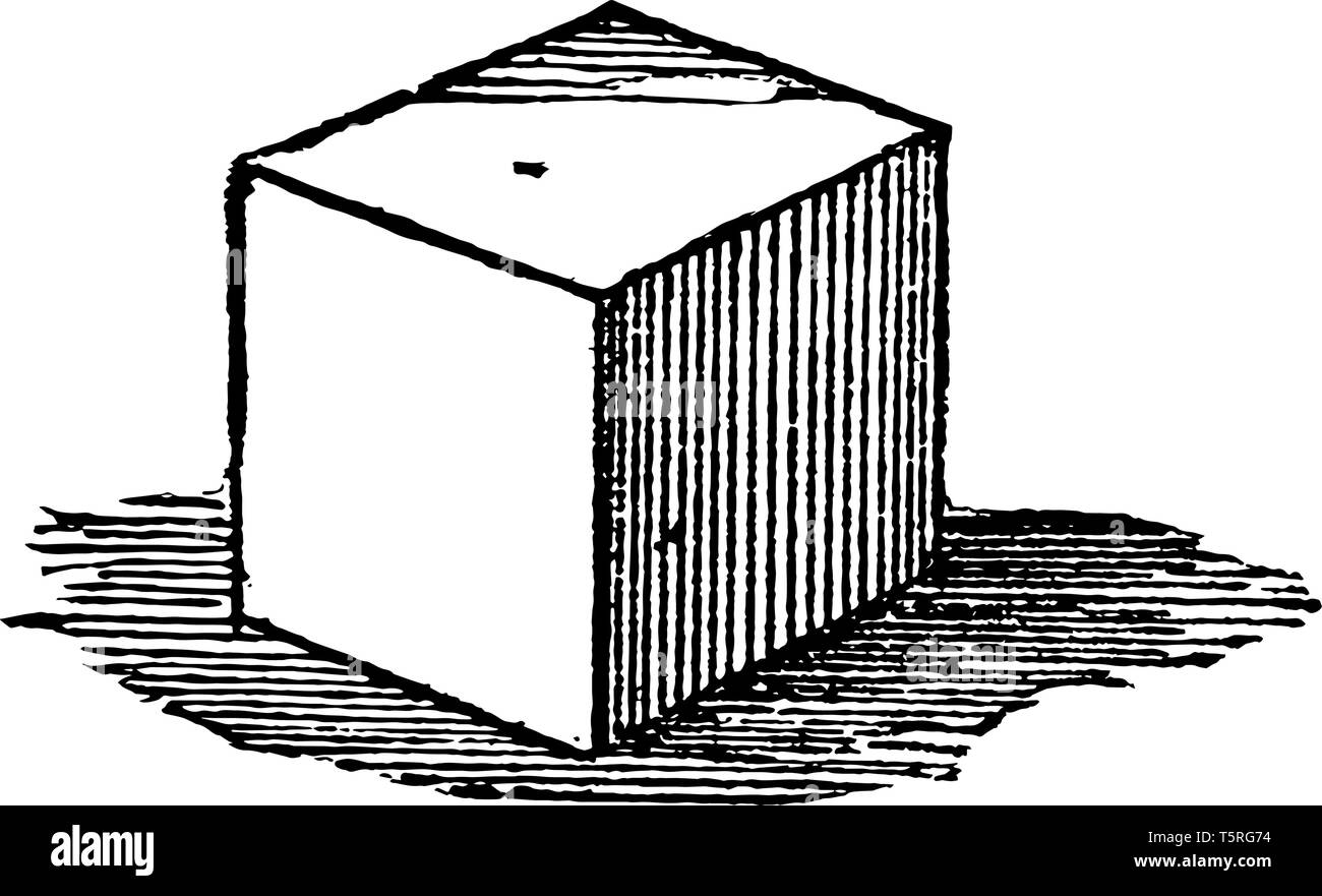 L'immagine mostra il cubo come un normale corpo solido, con pari a sei lati quadrati. La figura ha cubic struttura tridimensionale, vintage disegno della linea Illustrazione Vettoriale