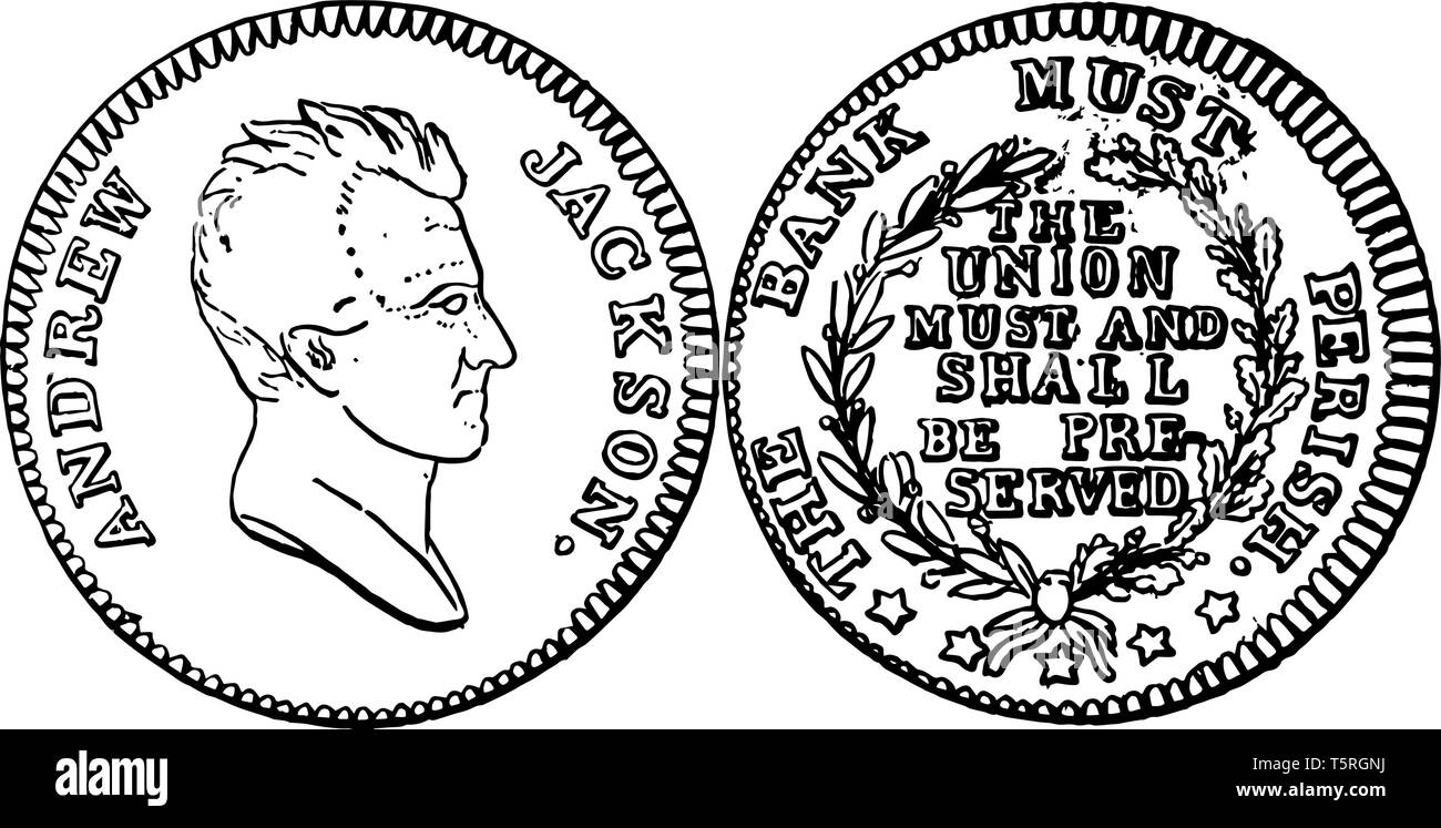 La foto mostra un disco di rame volte ci Token coin. È indietro il close-up immagine di Andrew Jackson. Reverse aveva rami e circondata dalla in Illustrazione Vettoriale