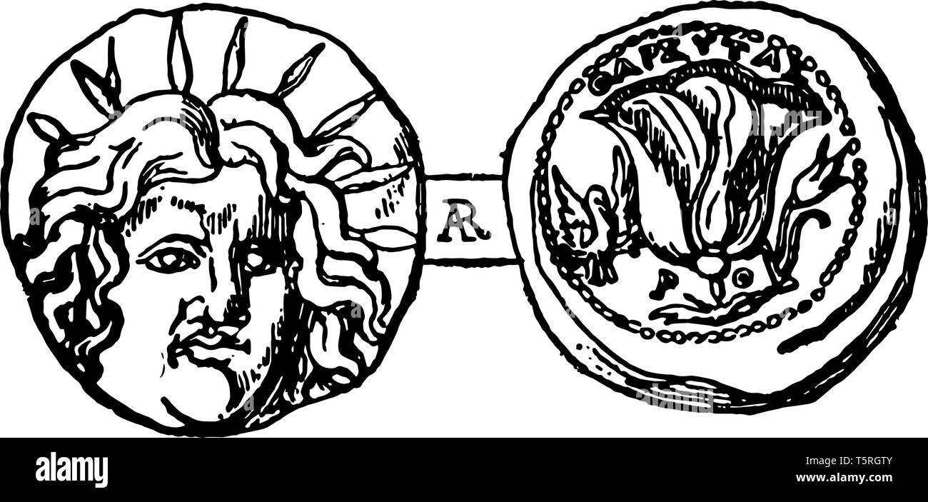 Questa immagine mostra la moneta della antica città di Rodi. Due monete sono collegati a ciascun altro. La superficie delle monete è piena del design Illustrazione Vettoriale