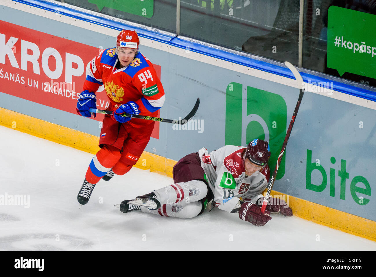 25.04.2019. RIGA, Lettonia. Euro Hockey gioco di sfida tra la squadra della Lettonia e team Russia. Arena di Riga Foto Stock