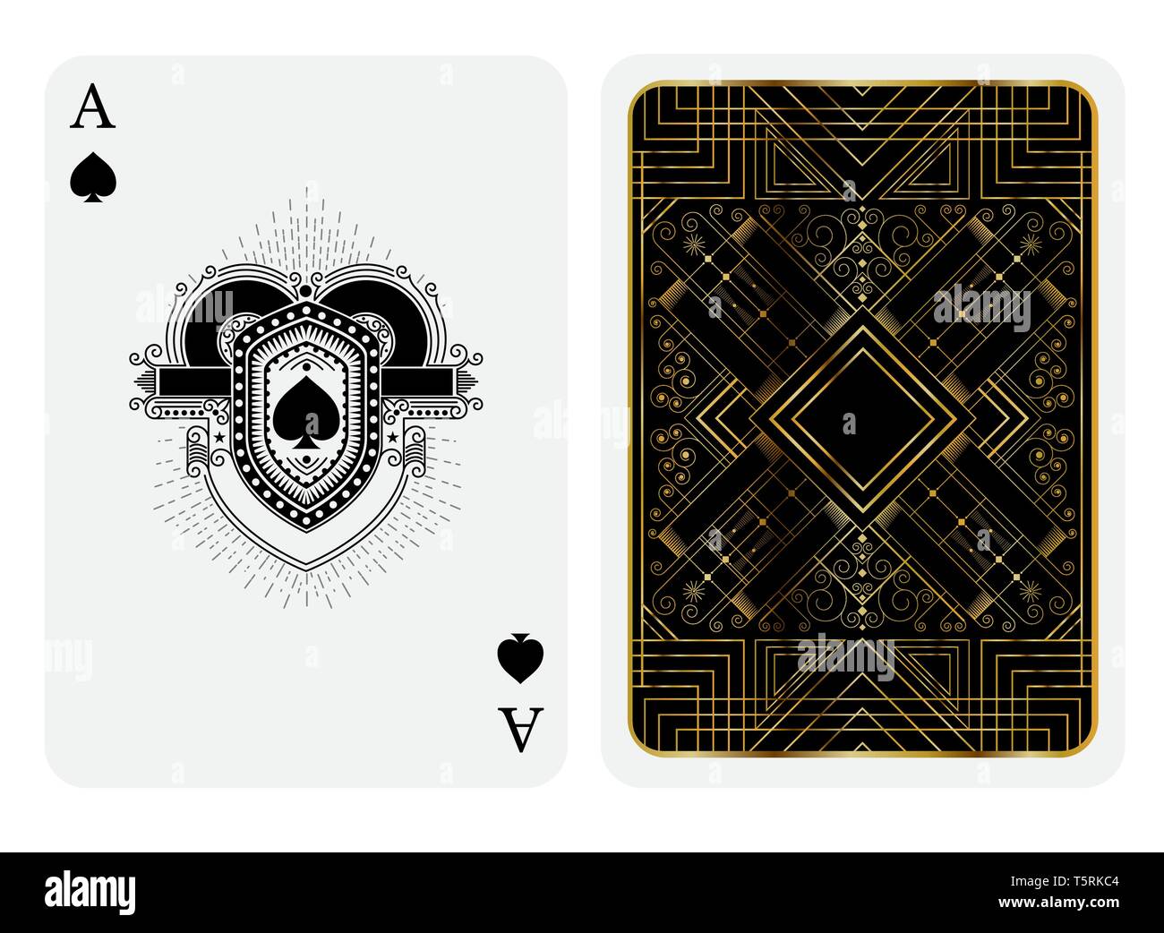 Asso di picche in stile della linea scudo di fronte e retro con golden art deco gatsby pattern style su abito nero. Vettore modello di scheda Illustrazione Vettoriale