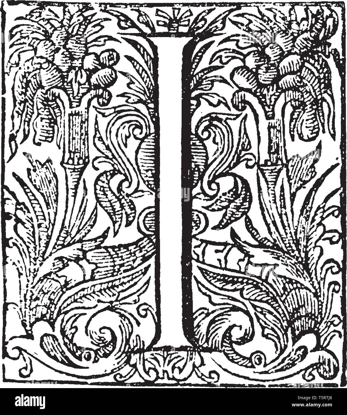 Un ornamento decorativo e la lettera I, vintage disegno della linea di incisione o illustrazione Illustrazione Vettoriale