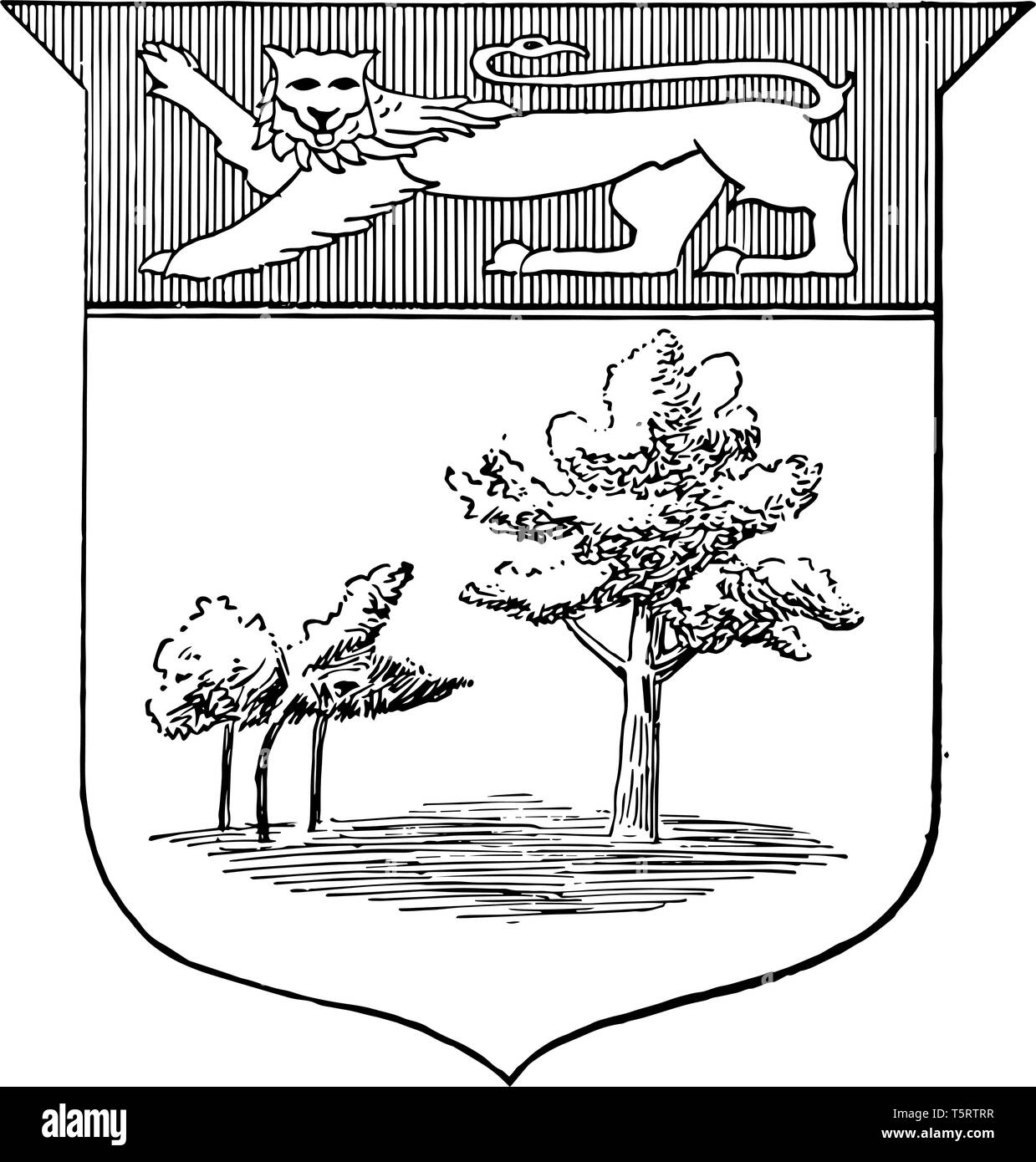 Spalmare del braccio contiene un'immagine di Lion per la parte superiore e gli alberi per il Prince Edward in Canada linea vintage disegno. Illustrazione Vettoriale