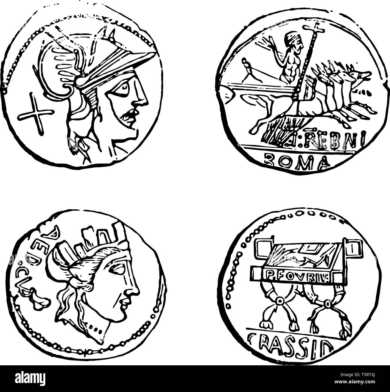 Un'immagine che mostra le antiche monete romane, vintage disegno della linea di incisione o illustrazione. Illustrazione Vettoriale