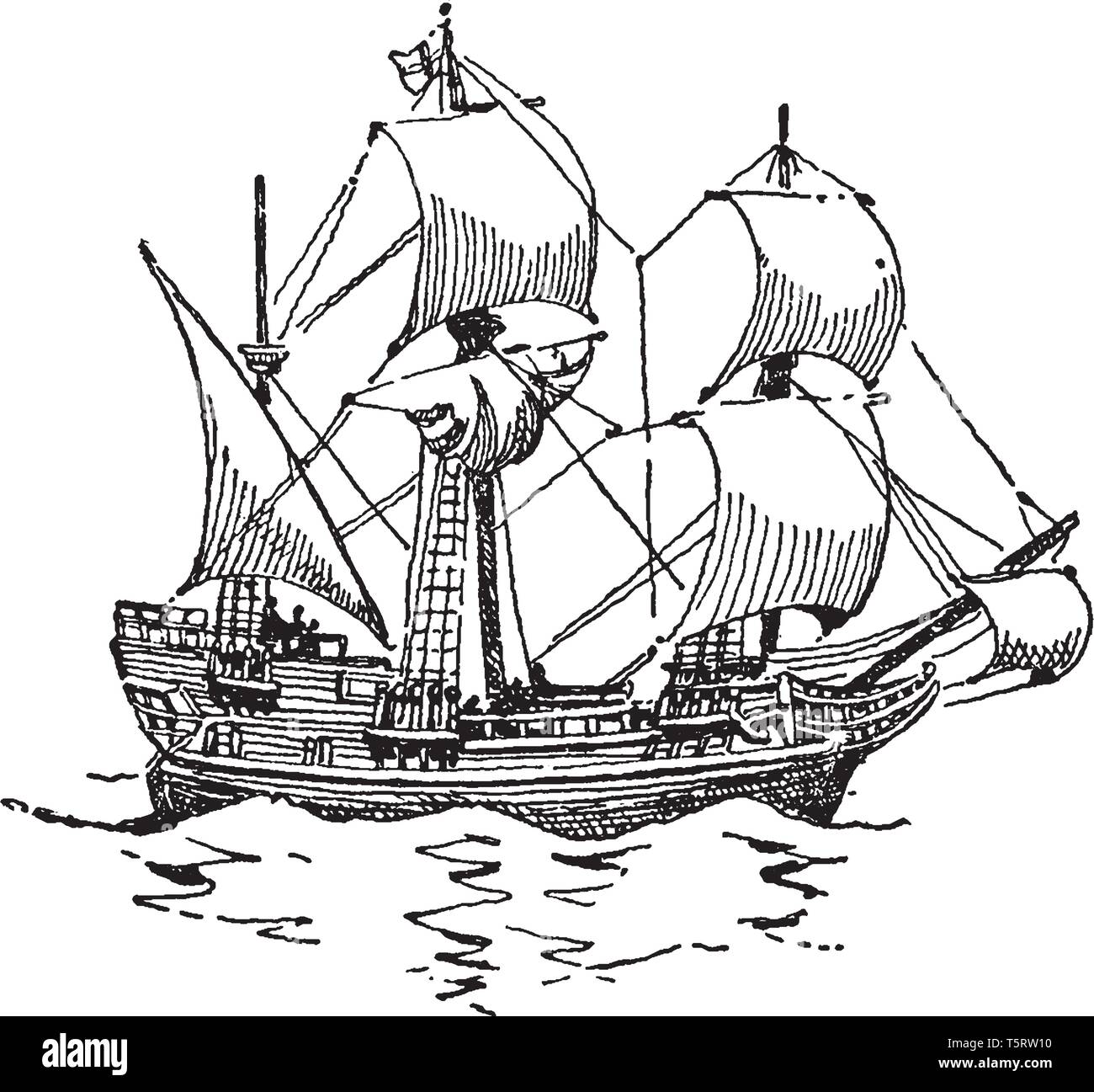 Il Mayflower è stata una nave inglese che ha trasportato i pellegrini in America,vintage disegno della linea di incisione o illustrazione. Illustrazione Vettoriale