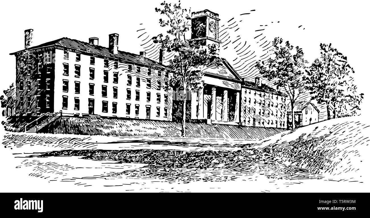 Amherst College Chapel e dormitori è stata fondata per educare gli uomini per il ministero,situata nel Massachusetts linea vintage disegno. Illustrazione Vettoriale