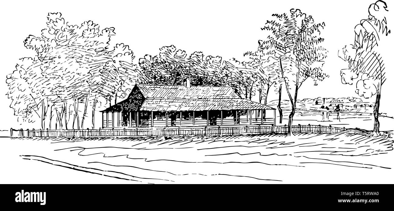 Zachary Taylor nacque il 24 novembre 1784 è servito come dodicesimo presidente degli Stati Uniti, l'immagine che mostra Zachary Taylor ha la residenza a Baton Rouge vintage disegno della linea. Illustrazione Vettoriale