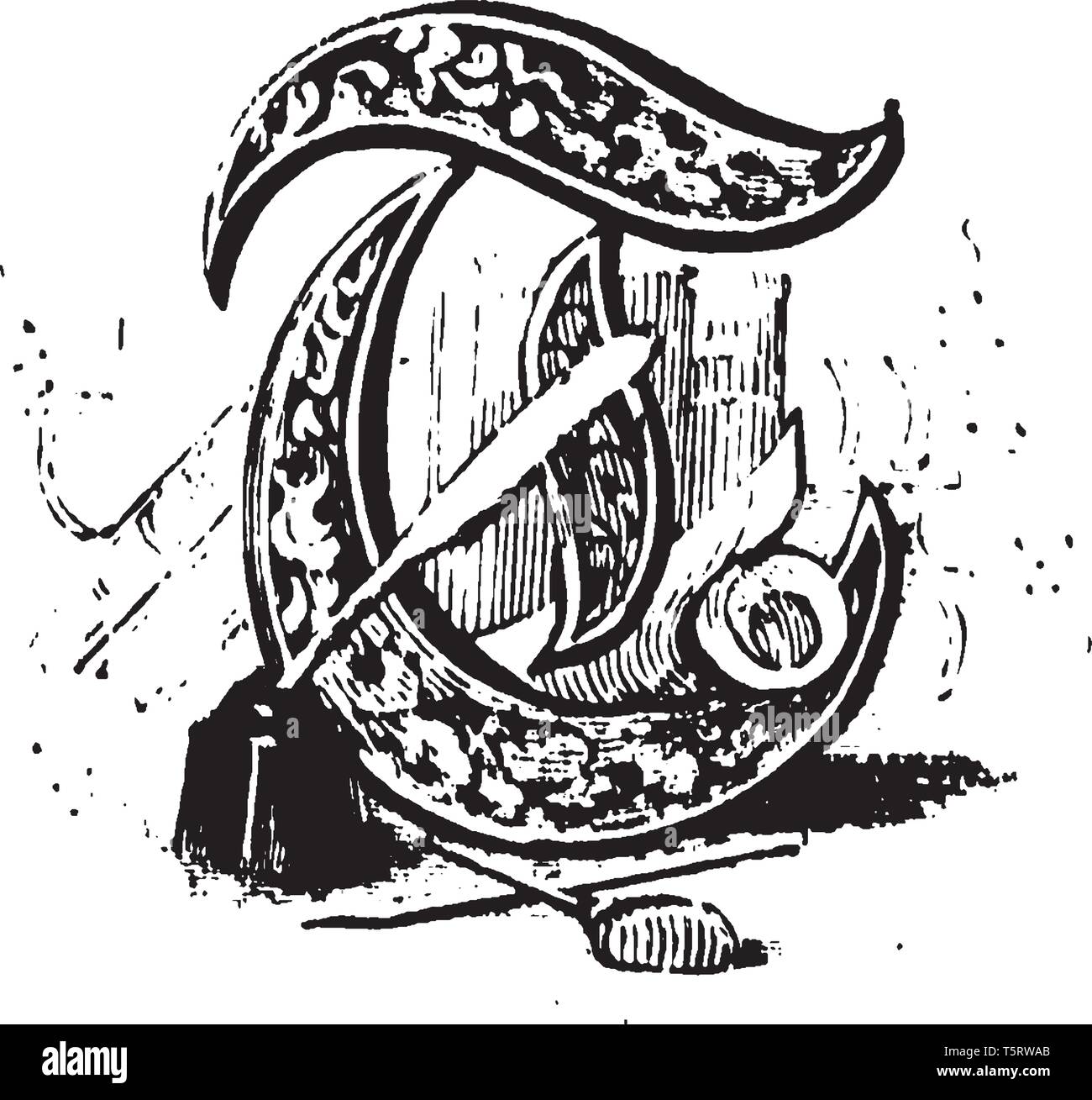 Una decorativa lettera T con bottiglia di inchiostro e penna, vintage disegno della linea di incisione o illustrazione Illustrazione Vettoriale