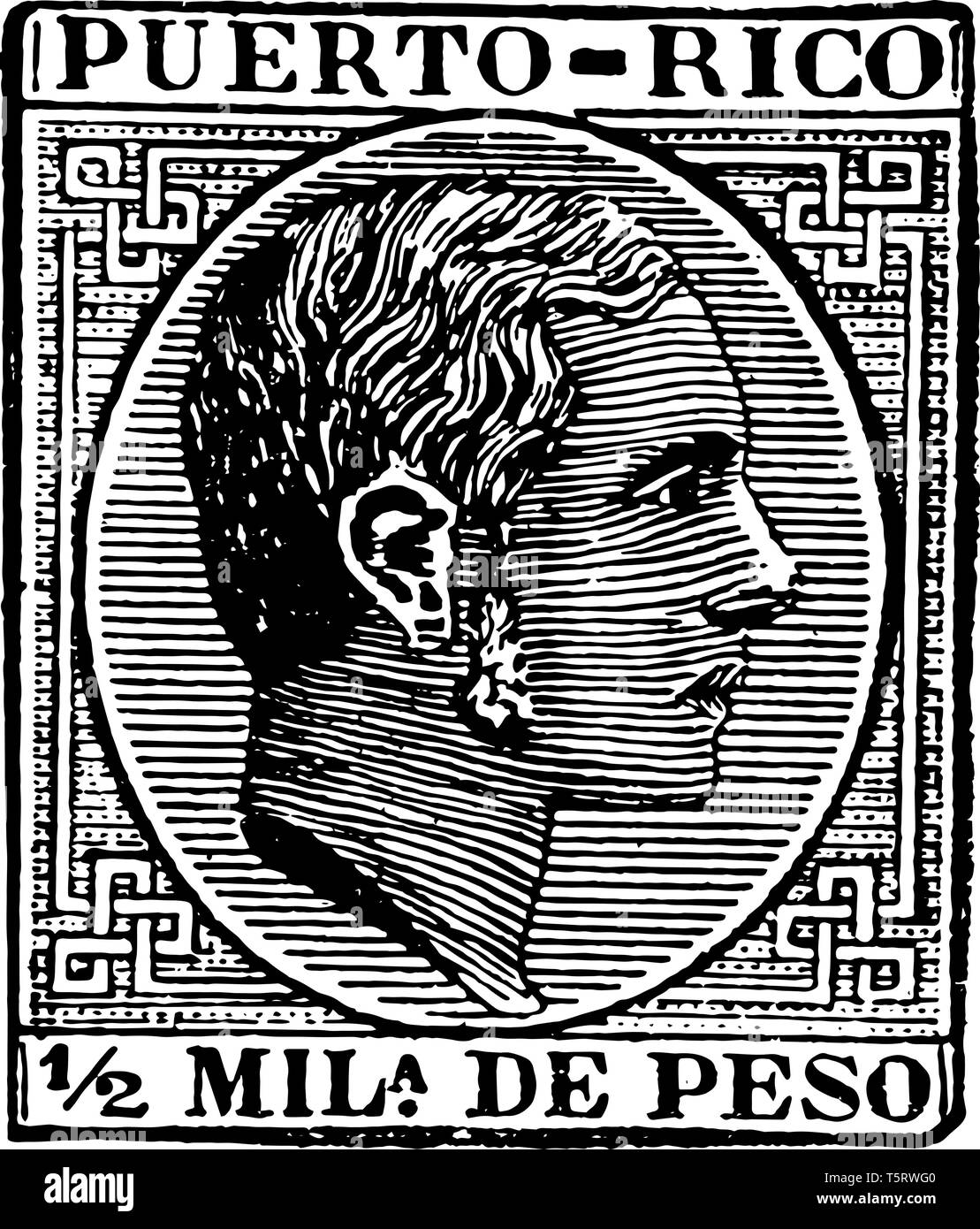 Porto Rico 1/2 mila pesos de timbro, 1882 Mostra immagine del volto del re Alfonso vintage disegno della linea. Illustrazione Vettoriale