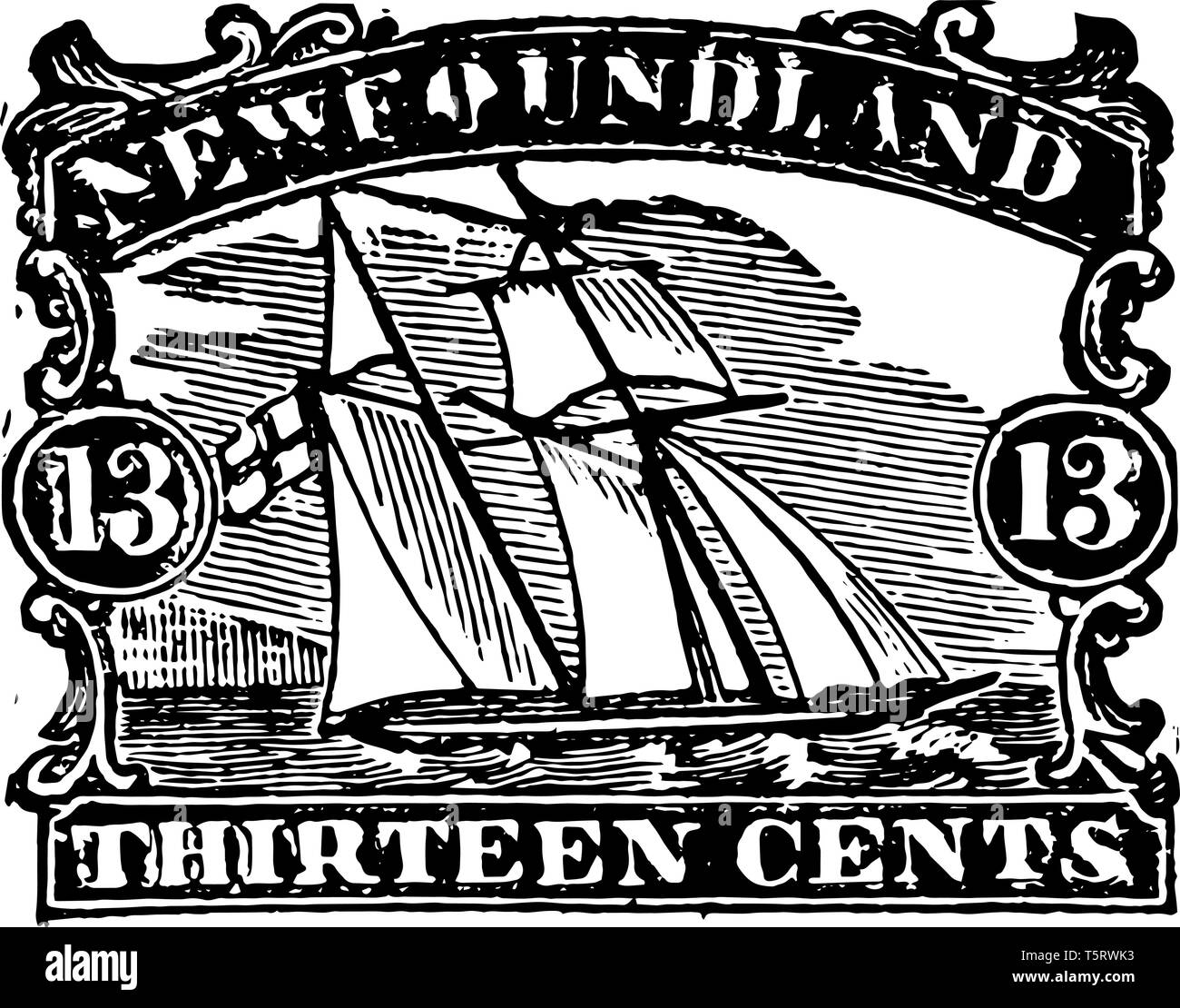 Foundland Nuovo timbro che mostra le navi in mare linea vintage disegno. Illustrazione Vettoriale