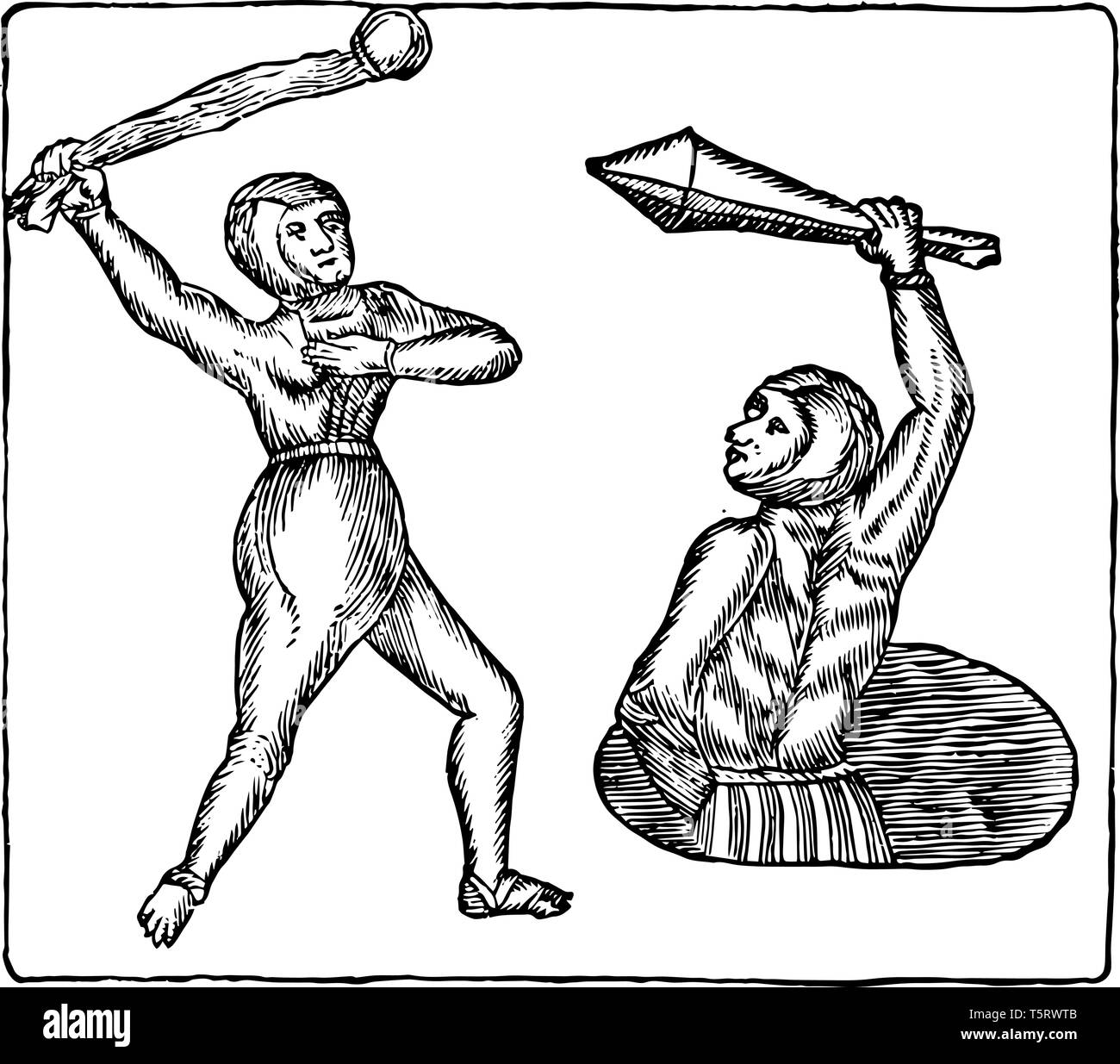 Un uomo e una donna uno contro l'altro. L'uomo è seduto e una sua mano è stato legato al suo retro, vintage disegno della linea di incisione o illustrazione. Illustrazione Vettoriale