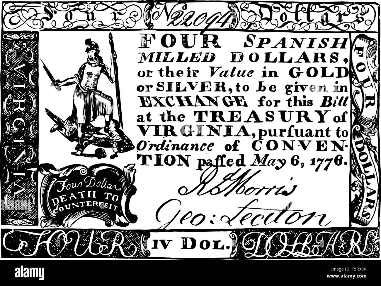Questo è il ritratto del nuovo stemma per lo Stato della Virginia la parte superiore del disegno di legge. Si tratta di un quattro dollari, vintage di linea o di disegno Illustrazione Vettoriale