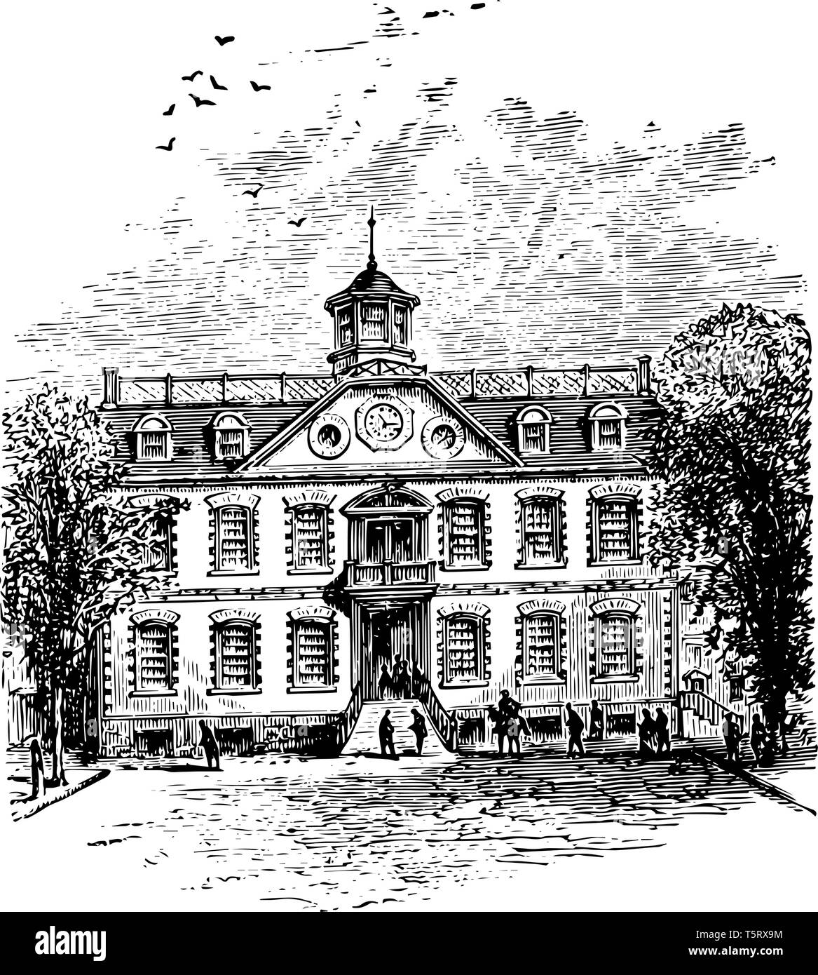 Il vecchio Rhode Island State House è una storica capitol costruito nel 1895-1904 si trova sul confine di Down Town e Smith Hill vintage disegno della linea. Illustrazione Vettoriale