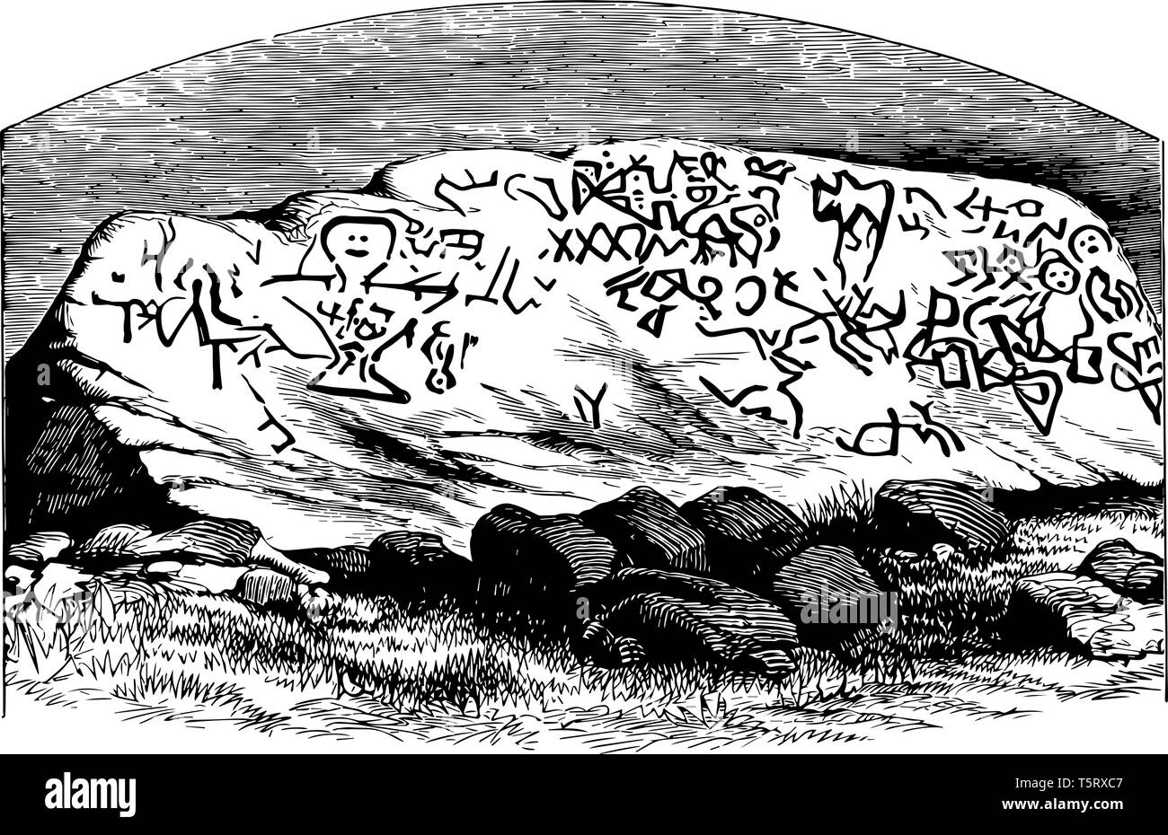40 ton boulder rock si trova in taunton riverbed, Massachusetts vintage disegno della linea. Illustrazione Vettoriale