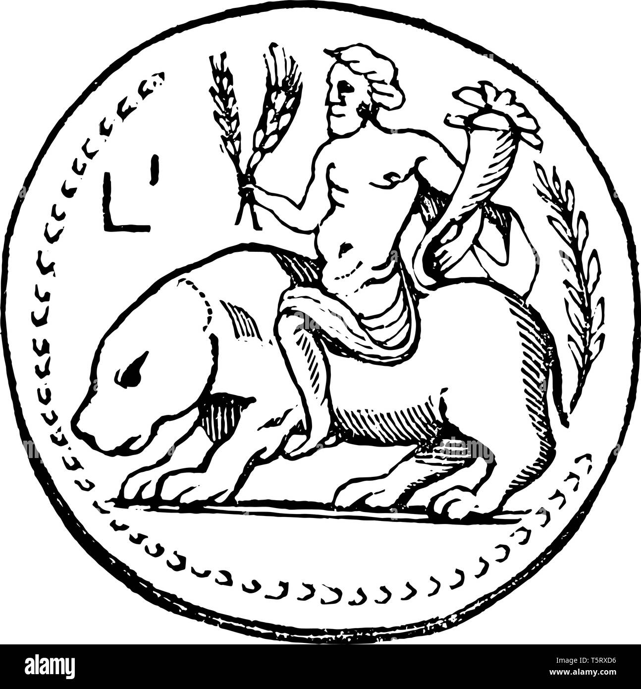 Questa immagine mostra la medaglia della divinità del Nilo che rappresenta una divinità del Fiume Nilo montato su un ippopotamo. Nella mano di Dio vi è un Illustrazione Vettoriale