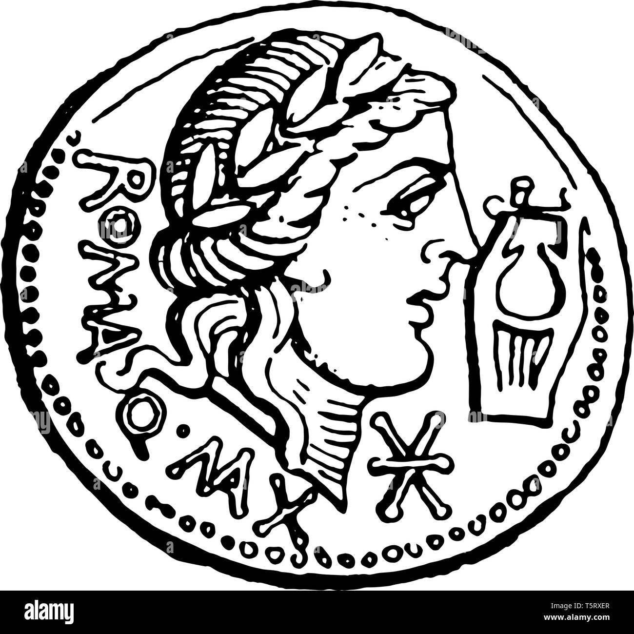 Un'immagine che mostra una moneta romana da epoca antica, vintage disegno della linea di incisione o illustrazione. Illustrazione Vettoriale