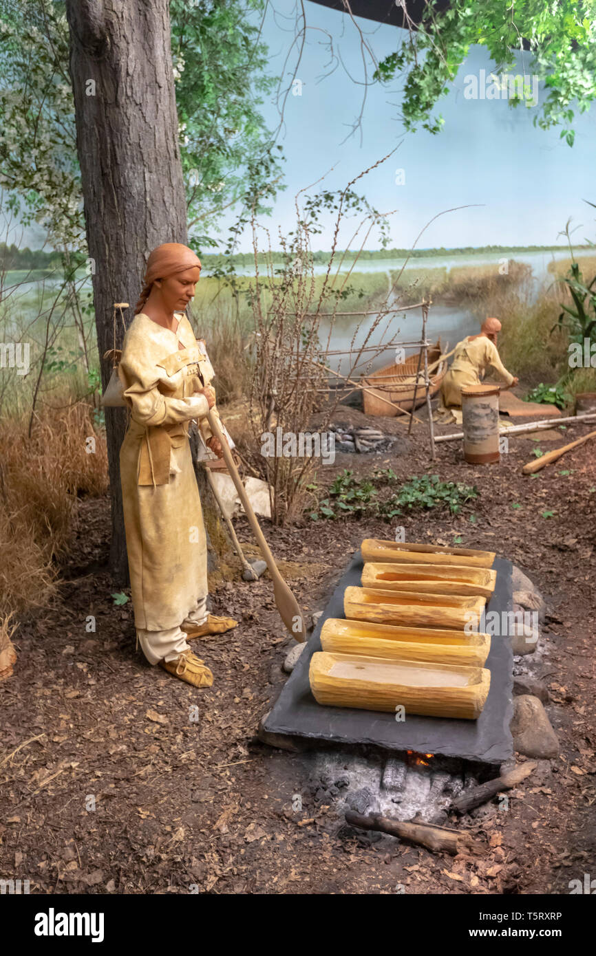 Mt. Piacevole, Michigan - Una donna rende lo zucchero d'acero in una mostra presso il Centro Ziibiwing di Anishinabe Cultura & Lifeways, un museo gestito da Sa Foto Stock