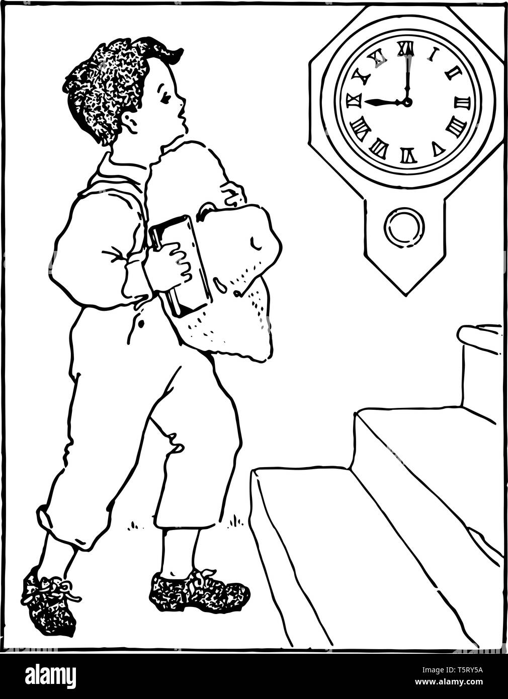 Un bambino salire la scala con un cappello e una scatola in mano a 9:00, vintage disegno della linea di incisione o illustrazione. Illustrazione Vettoriale