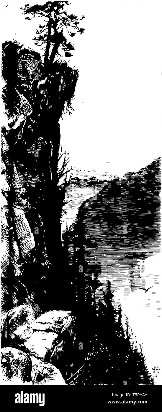 Scogliera affacciata sul fiume Tugaloo che è un 45,9 miglio lungo fiume confinante con la Georgia e la Carolina del Sud linea vintage disegno. Illustrazione Vettoriale