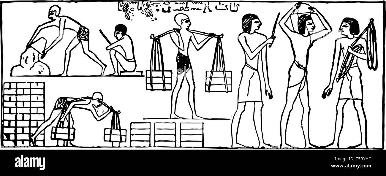 Illustrazione degli ebrei sottoposti a lavoro forzato e la schiavitù, vintage disegno della linea di incisione o illustrazione. Illustrazione Vettoriale