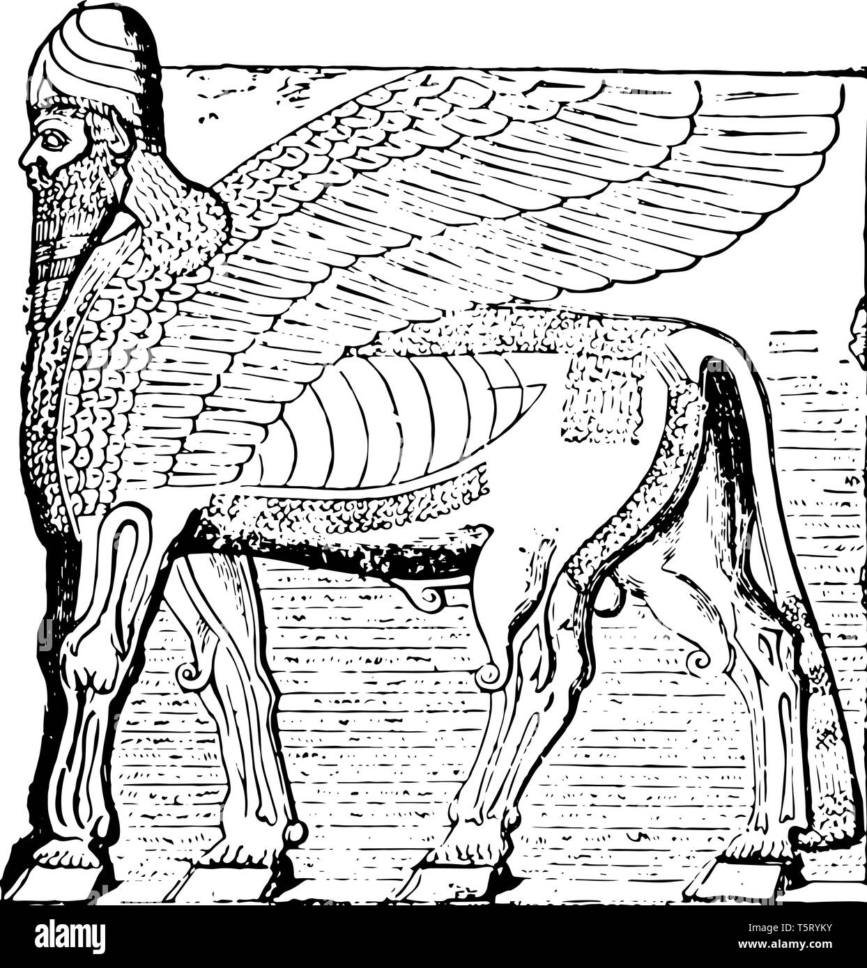 Questa immagine mostra il toro alato di Assiria. Questa immagine decorate con linee, vintage disegno della linea di incisione o illustrazione. Illustrazione Vettoriale