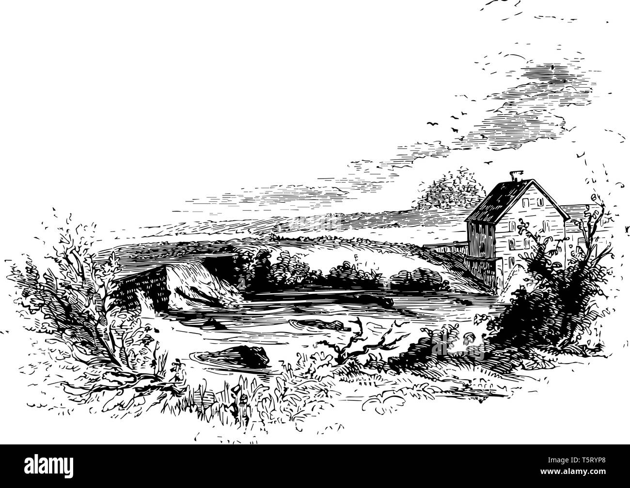 Generale Schuyler Mill chiamato anche come Ford pianta di soia complesso,era un luogo storico situato a Michigan Avenue in soluzione salina vintage disegno della linea. Illustrazione Vettoriale