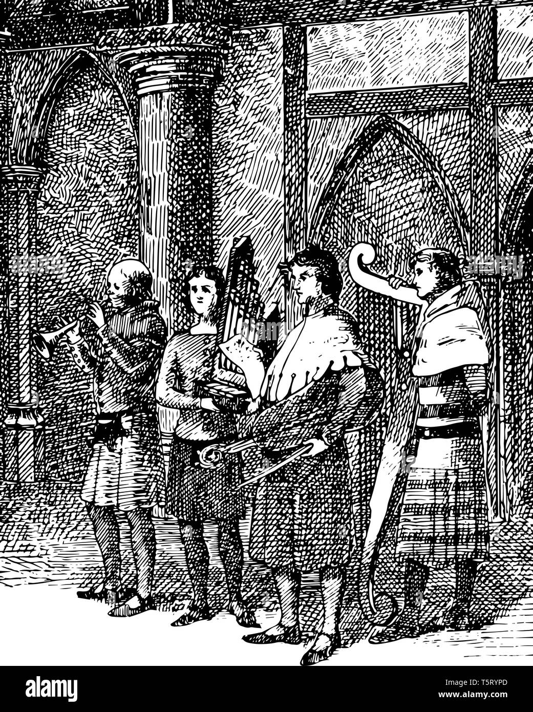 Musicisti Nursted corte è un gruppo di musicisti di suonare a corte Nursted divertente i notabili, vintage disegno della linea di incisione o illustrazione. Illustrazione Vettoriale