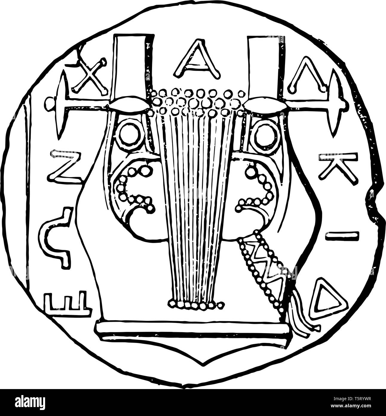 Questa immagine mostra la moneta con sette corde. Tra le stringhe vi è una lettera alfabetica, vintage disegno della linea di incisione o illustrazione. Illustrazione Vettoriale