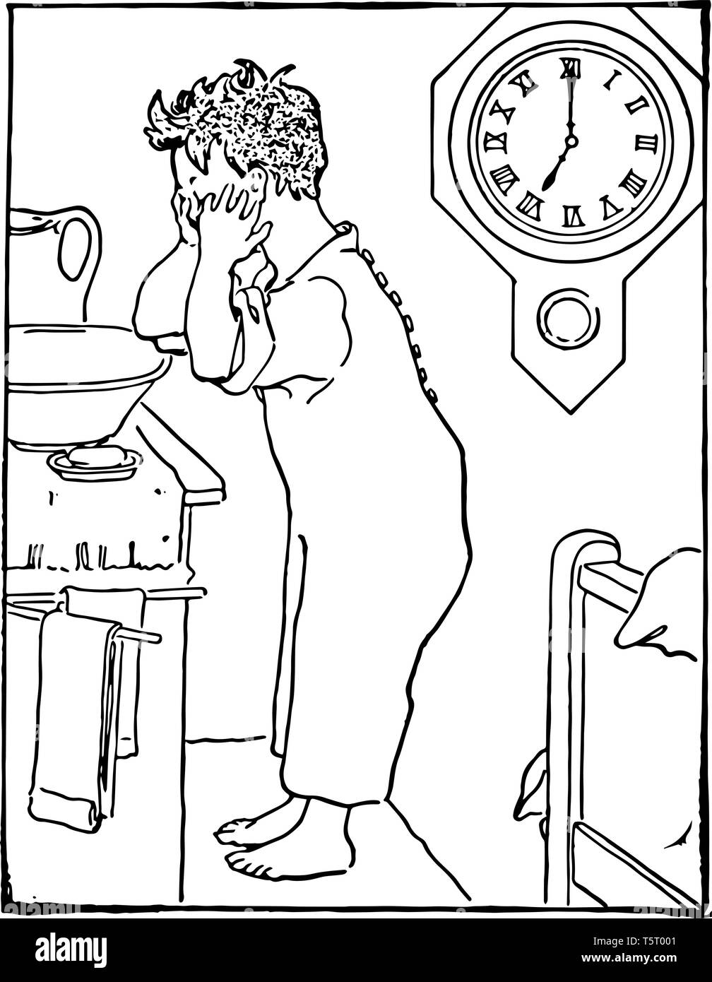 Un bambino è il lavaggio del suo volto nel bacino. Un orologio da parete dietro di lui che mostra tempo come 7:00, vintage disegno della linea di incisione o illustrazione. Illustrazione Vettoriale