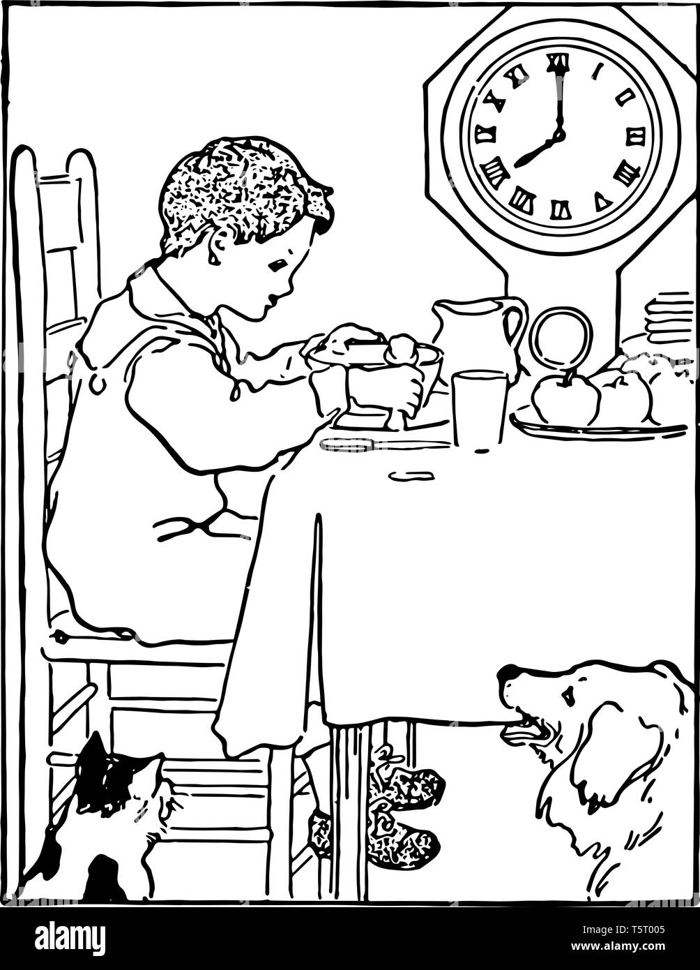 Un bambino è avente il suo cibo a 8:00. Un gatto e un cane seduto per terra e guardare a lui, vintage disegno della linea di incisione o illustrazione. Illustrazione Vettoriale