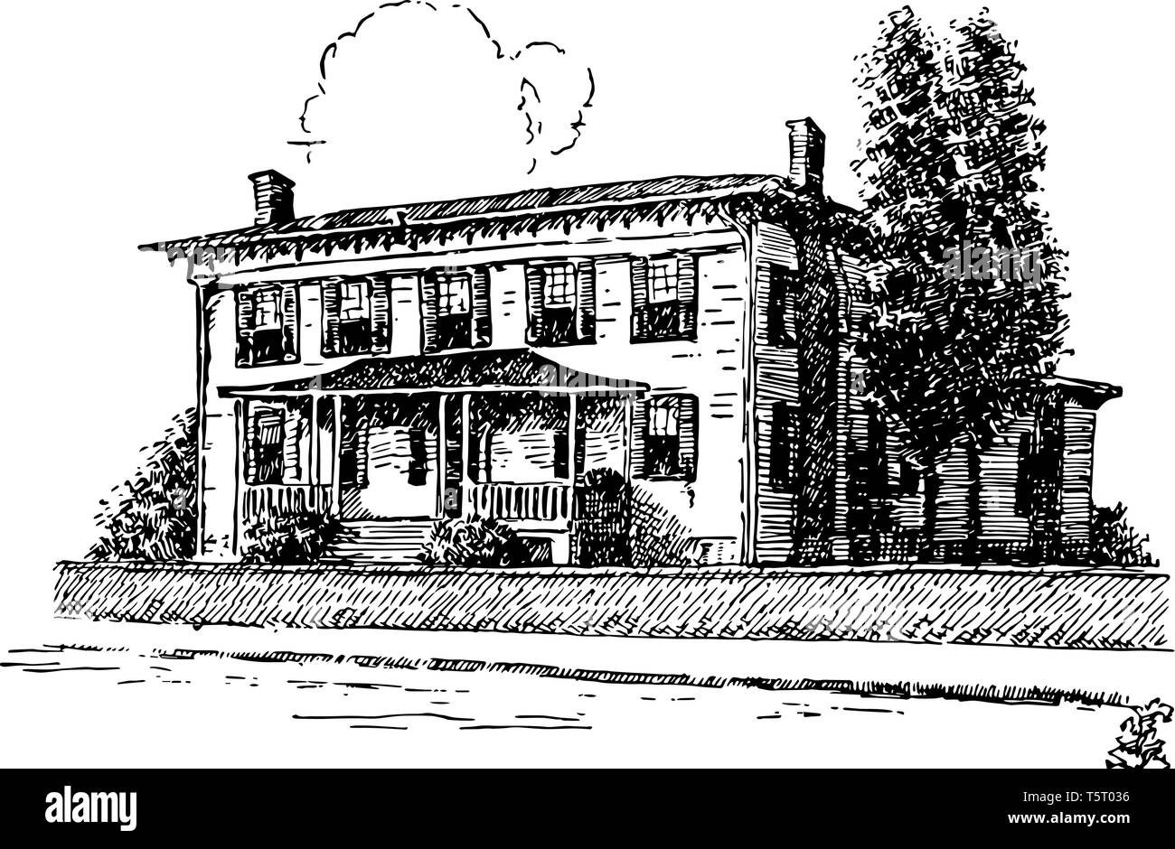 Casa bianca della confederazione, residenza di Jefferson Davis che si trasferì qui nel 1861 linea vintage disegno. Illustrazione Vettoriale