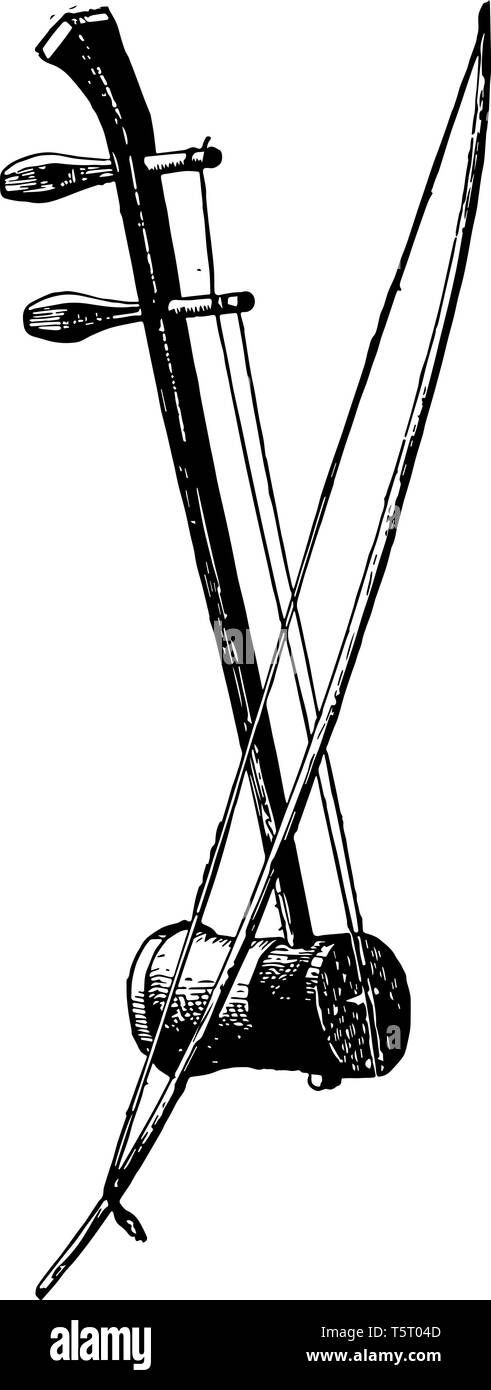 Ravanastron è forato con un foro attraverso il quale passa una mesh di capelli fissata da un nodo, vintage disegno della linea di incisione o illustrazione. Illustrazione Vettoriale