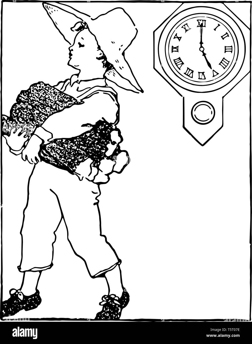 Un bambino è in possesso di un mucchio di pezzi di legno e indossando un cappello sulla sua testa con orologio che indica il tempo di 5:00, vintage disegno della linea o incisione illustratio Illustrazione Vettoriale