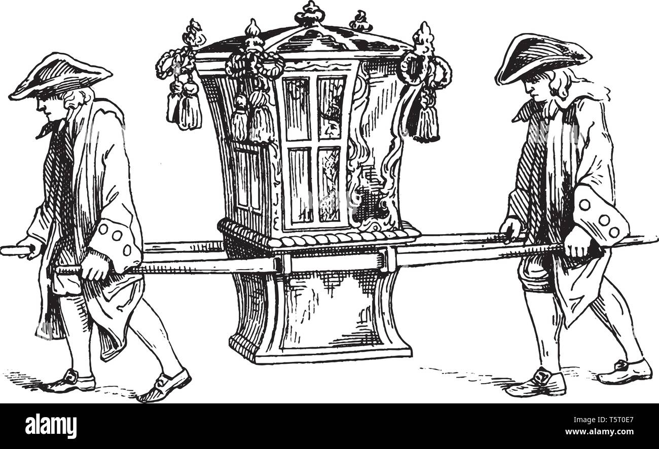 Portantina nel 1755 che consiste di una sedia o di una cabina finestrata adatta per un singolo occupante, vintage disegno della linea di incisione o illustrazione. Illustrazione Vettoriale