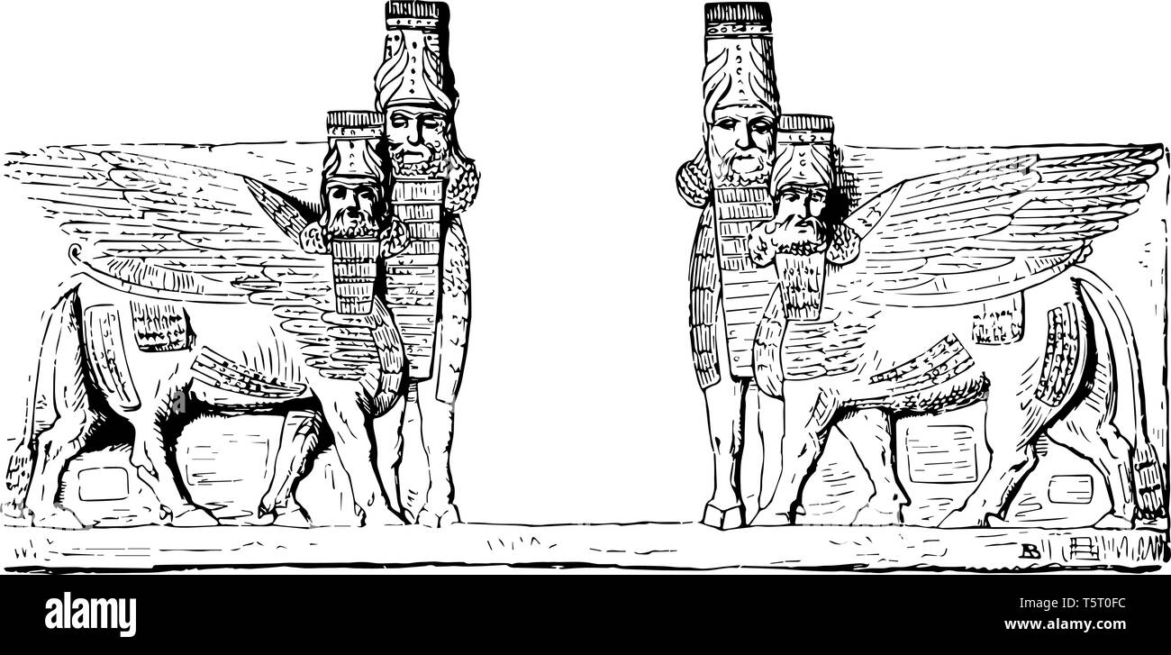 Questa immagine mostra la coppia di tori alati. Ci sono 4 tori alati incluso in questa immagine. Vi è uno spazio tra la coppia di tori alati, vintage l Illustrazione Vettoriale