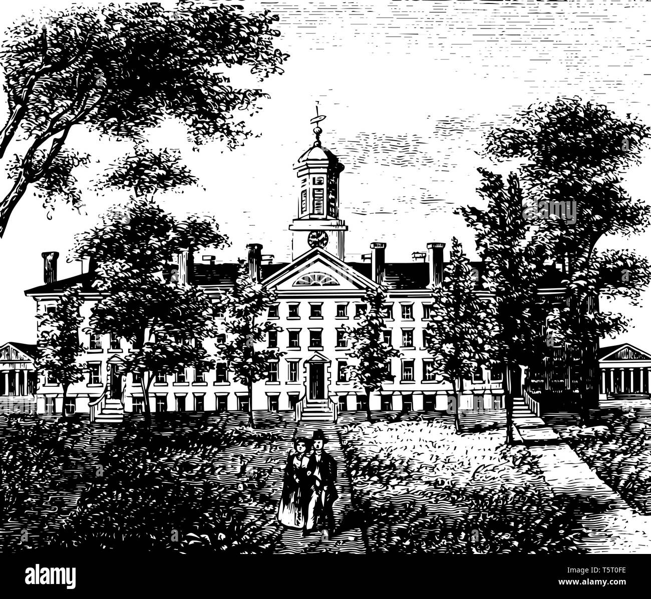 Nassau Hall è il più antico edificio, l'università di Princeton, New Jersey Vintage disegno della linea. Illustrazione Vettoriale