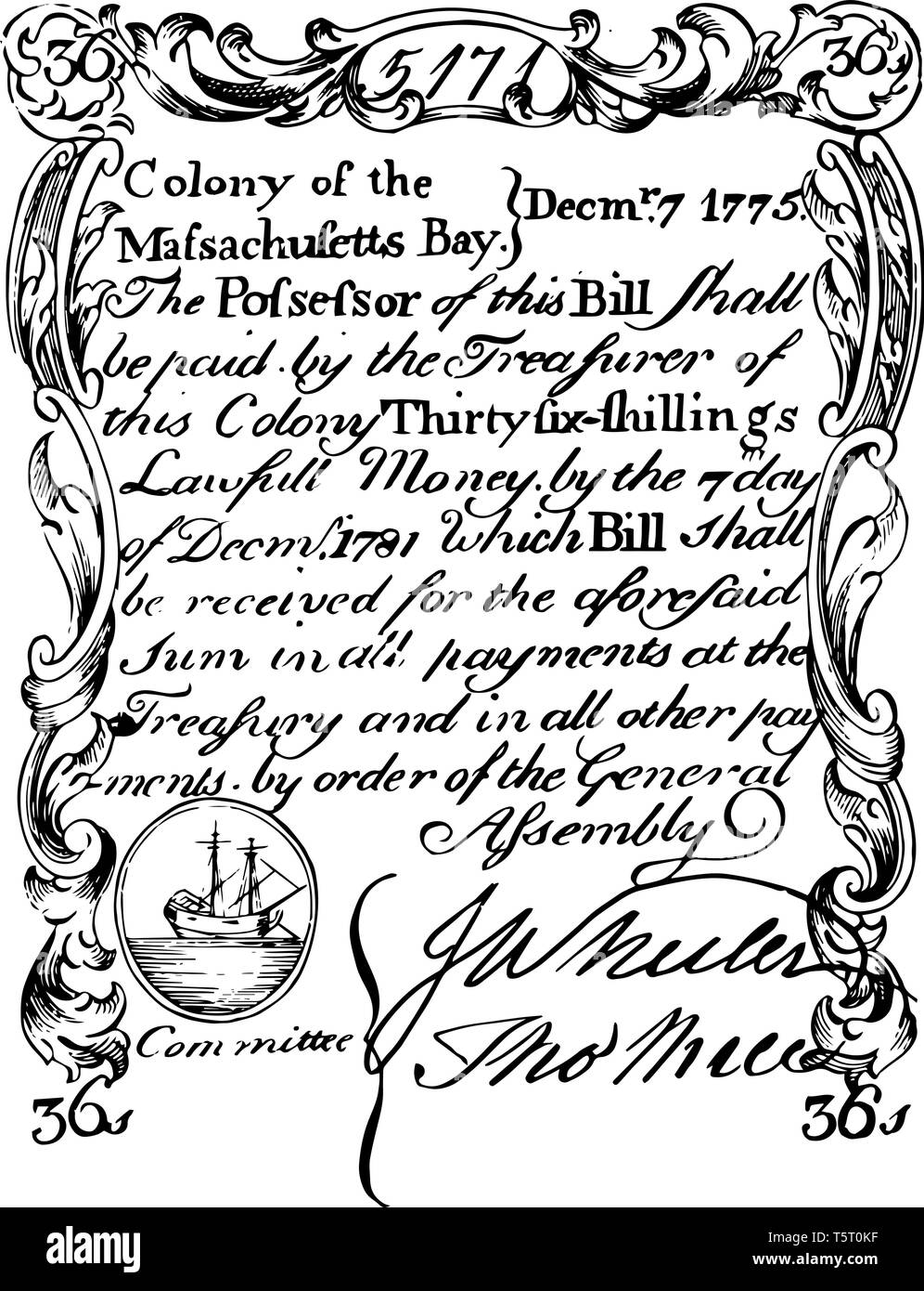 Questo è lo scellino Thirty-Six Bill del 1775. Immagine della rivolta a sinistra nave a vela sulla parte superiore del disegno di legge, vintage disegno della linea o incisione illus Illustrazione Vettoriale