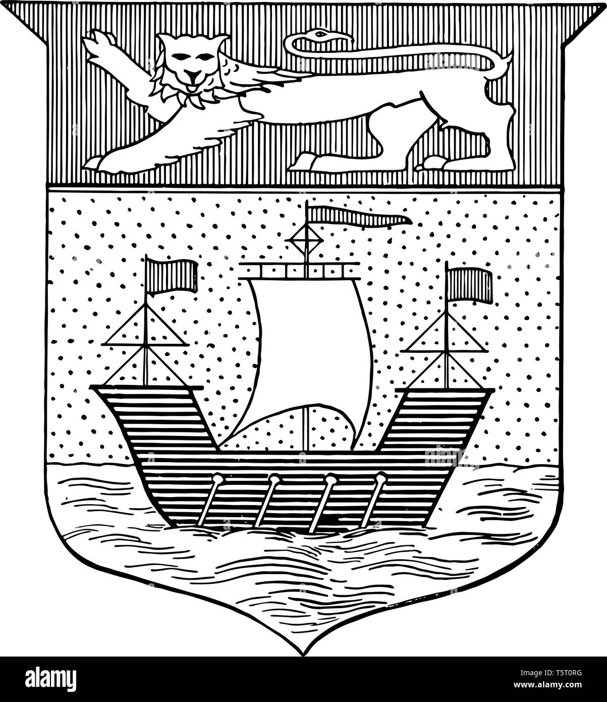 Un leone e di una nave mostrante il Nuovo Brunswick cappotto di braccio linea vintage disegno. Illustrazione Vettoriale