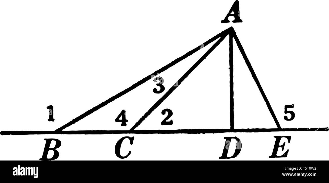 L'immagine mostra un triangolo ABE. In questo schema a tre parti del triangolo, angolo di 9 sono mostrati, vintage disegno della linea di incisione o illustrazione. Illustrazione Vettoriale