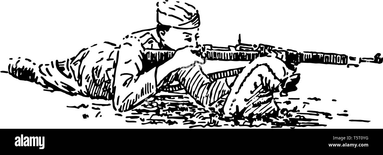 Sparare da posizione prona preparando a fuoco il suo fucile, vintage disegno della linea di incisione o illustrazione. Illustrazione Vettoriale