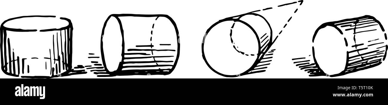 In questa immagine ci sono quattro figure in forma. Verticale, Orizzontale a forma di cono cilindri sono mostrati qui, vintage disegno della linea o incisione illustrat Illustrazione Vettoriale