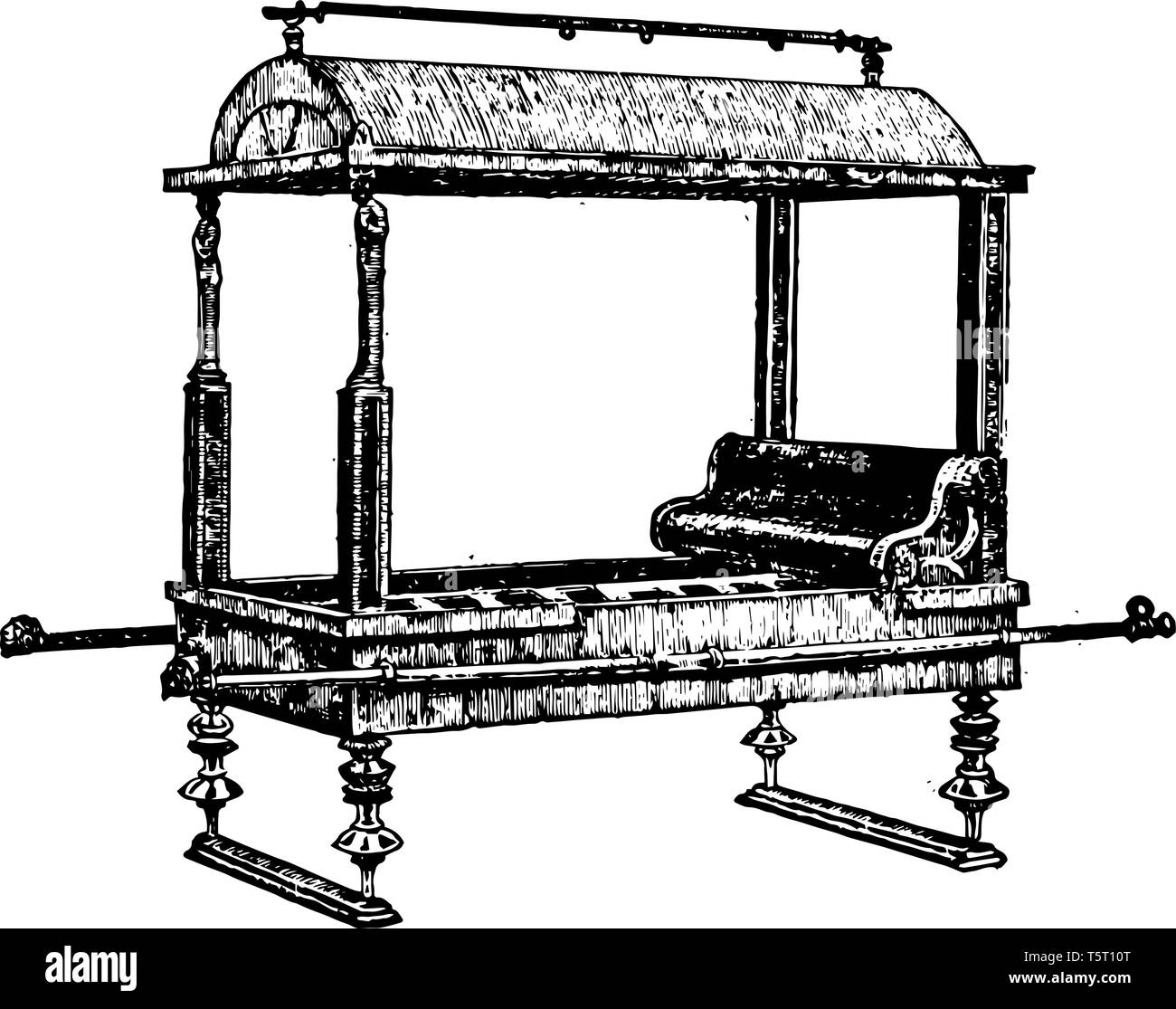 Questa è l'immagine di un ormeggio romano. La lettiera è costituito da un normale divano con quattro poli e una coppia di poli, vintage disegno della linea di incisione o malato Illustrazione Vettoriale