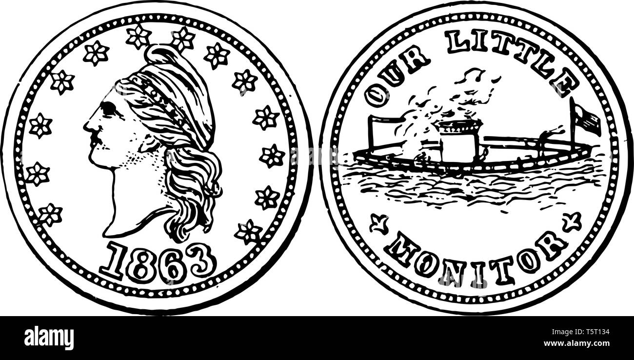Token di guerra mostrato nella foto è di 1863 anni. Complementare ha rivolto a sinistra immagine del Berretto Frigio. Invertire il lato mostrato "Il nostro piccolo monitor", vintage li Illustrazione Vettoriale