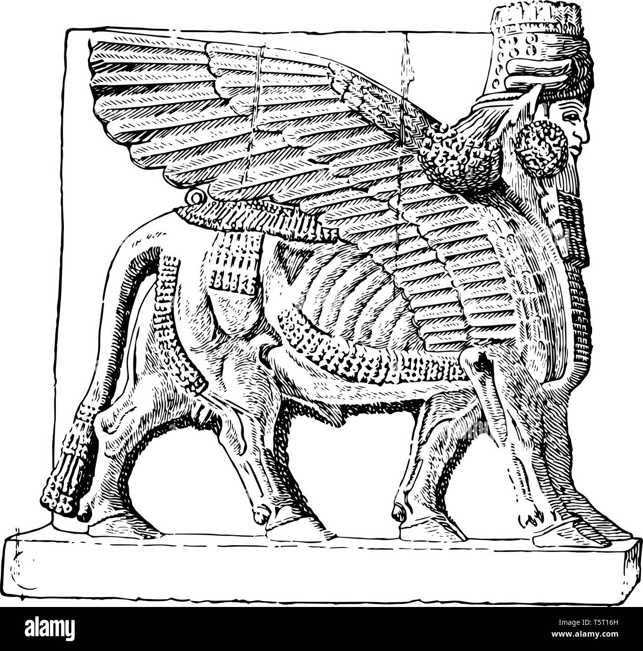 Questa immagine mostra la scultura Caldea. Vi è un toro alato incluso in questa immagine, vintage disegno della linea di incisione o illustrazione. Illustrazione Vettoriale
