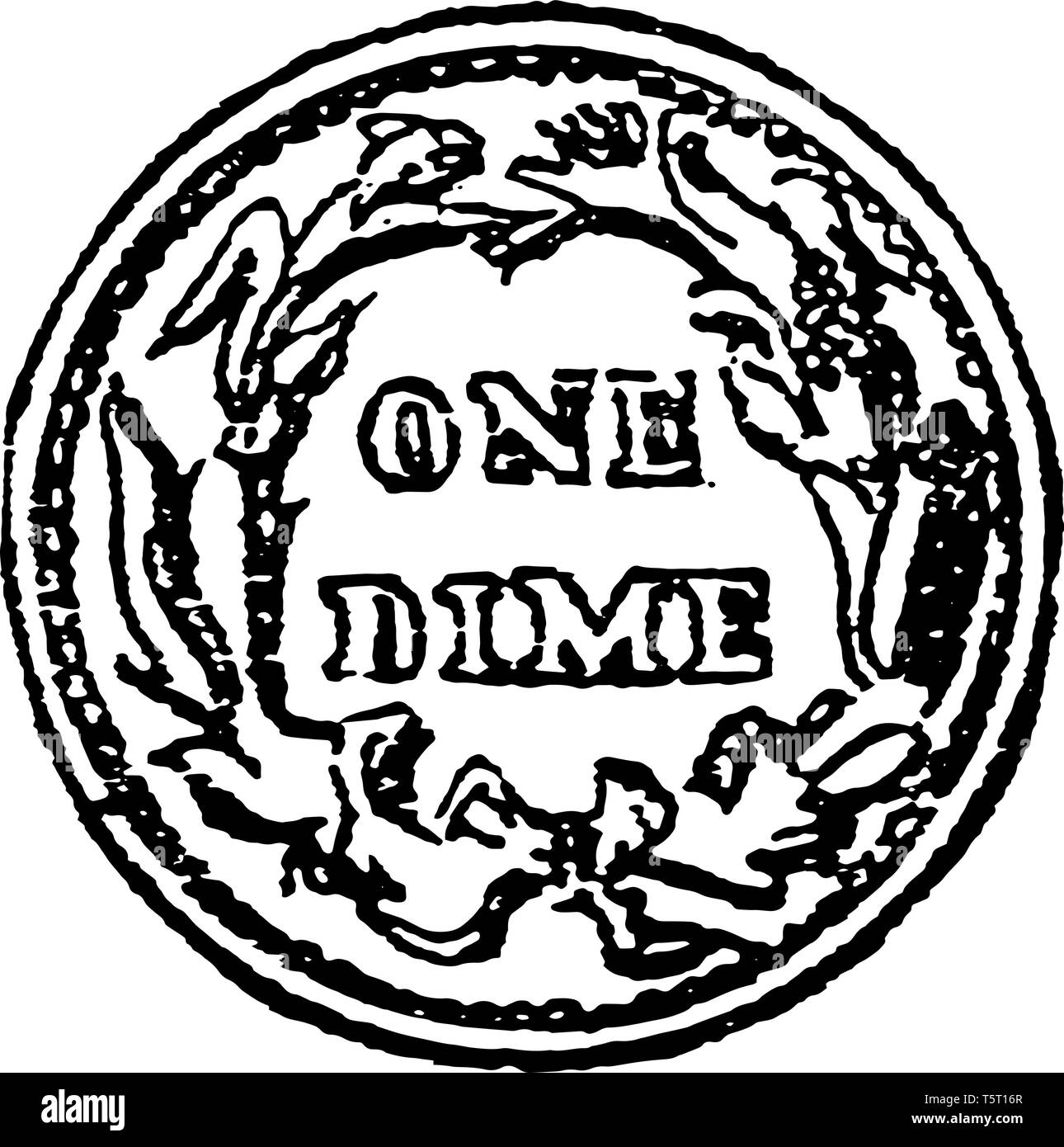 Si tratta di un solo centesimo moneta negli Stati Uniti, del valore di dieci centesimi, vintage disegno della linea di incisione o illustrazione. Illustrazione Vettoriale