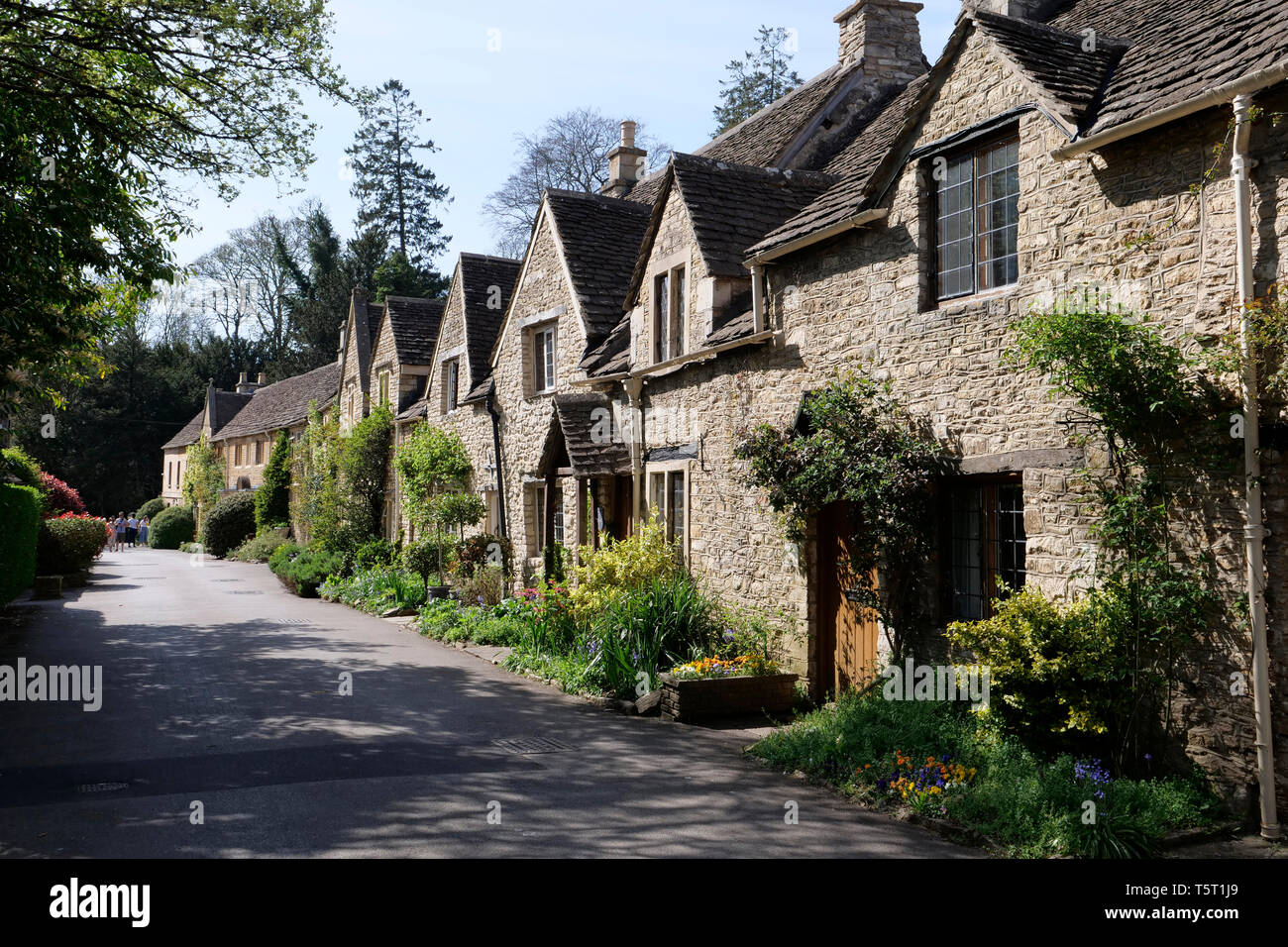 Vista di una fila di Cotswold cottage in pietra nel castello Coombe Cotswolds Wiltshire, Inghilterra Foto Stock