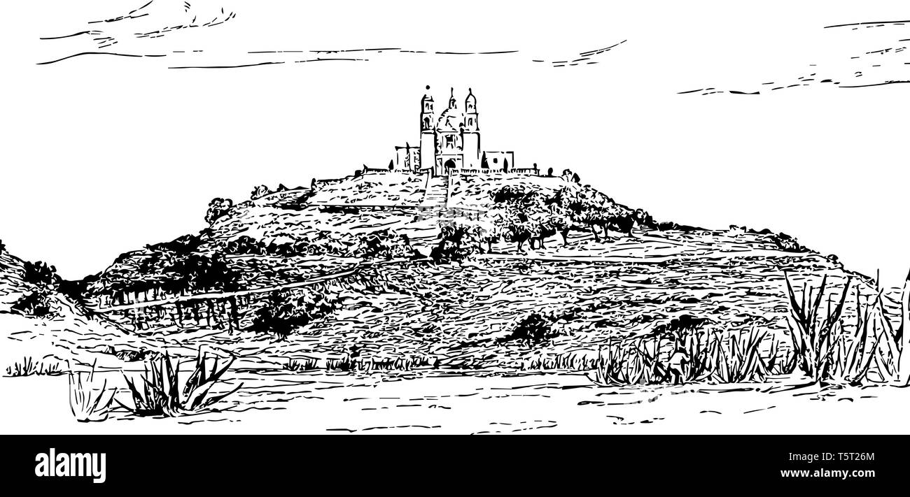 Questo è il più grande piramide archeologico sito avente chiesa insieme con essa. Si tratta di una città sacra e importante centro commerciale linea vintage disegno. Illustrazione Vettoriale