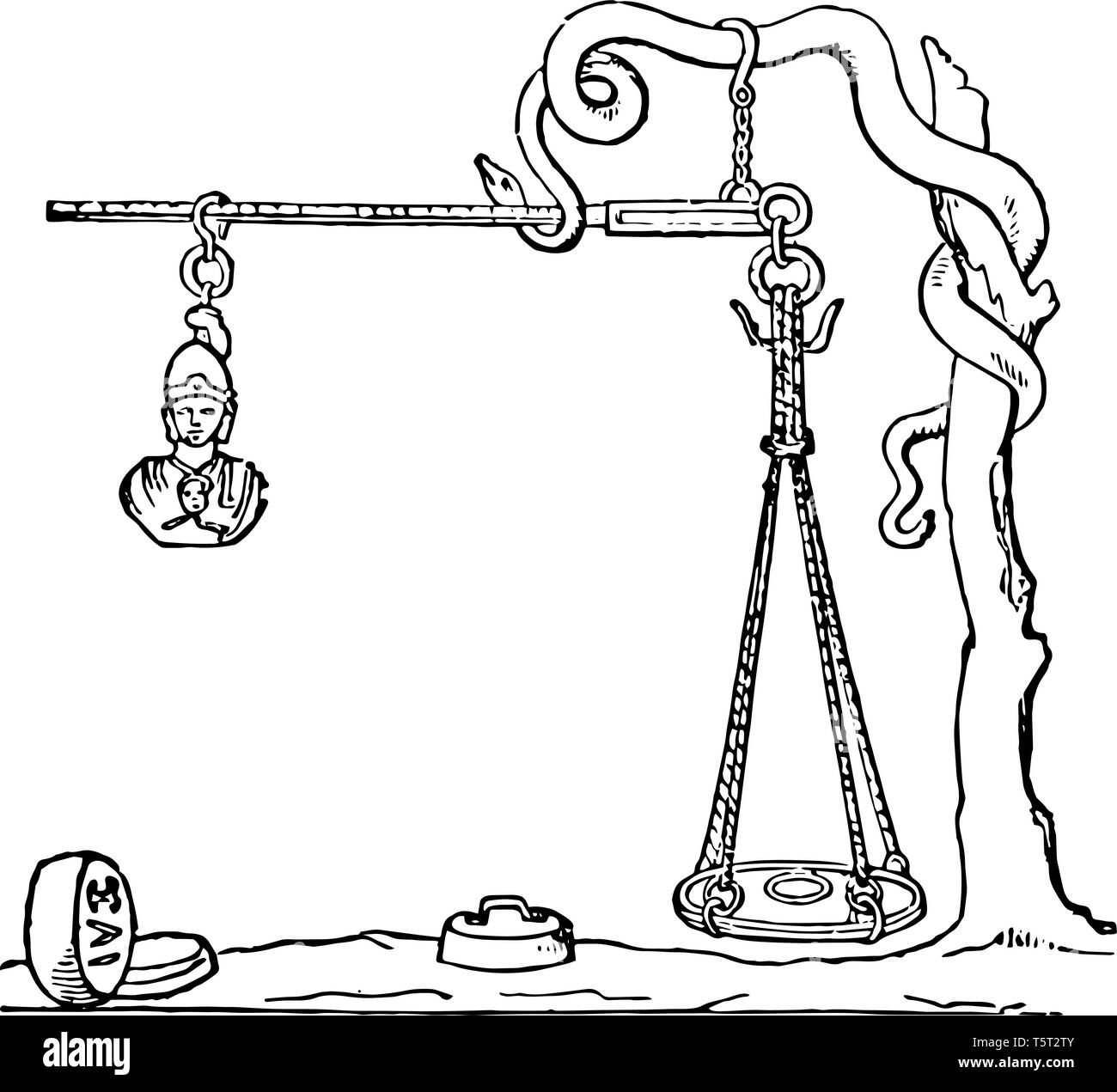 Questa è l'immagine del taglio di legno. Si chiama trutina. Questo taglio di legno è conservato nel museo del Capitolio in Roma, vintage disegno della linea o engravin Illustrazione Vettoriale