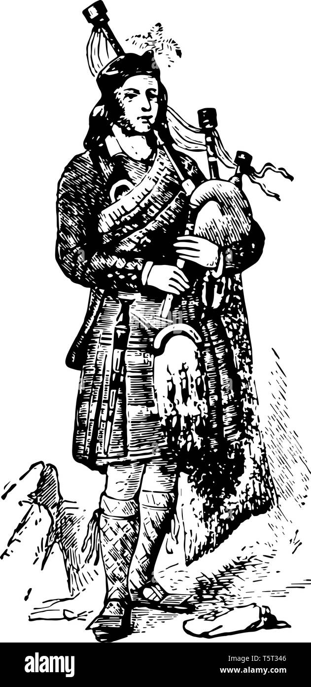 Questa immagine rappresenta il Piper del Clan Gregarach, vintage disegno della linea di incisione o illustrazione. Illustrazione Vettoriale
